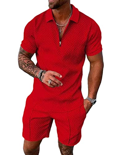 Osheoiso 2 Teiliges T-Shirt + Hosen Sets Herren Shirt Shorts Jogginganzug Casual Freizeitanzug Outfit Sweathose Kurze für Herren Polo Hemd Kurze Hose Mode Lässige Shorts A Rot 3XL von Osheoiso