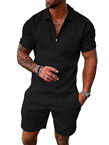 Osheoiso 2 Teiliges T-Shirt + Hosen Sets Herren Shirt Shorts Jogginganzug Casual Freizeitanzug Outfit Sweathose Kurze für Herren Polo Hemd Kurze Hose Mode Lässige Shorts A Schwarz 3XL von Osheoiso