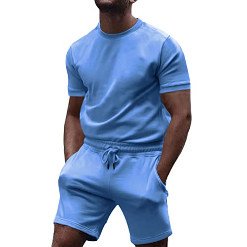 Osheoiso 2 Teiliges T-Shirt und Hosen Mode Herren Shirt Shorts Jogginganzug Einfarbig Freizeitanzug Outfit Sweathose Kurze für Männer Sommer Freizeitanzug A Hellblau L von Osheoiso