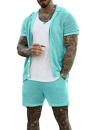 Osheoiso 2 Teiliges T-Shirt und Hosen Sets Herren Hohler Shirt Mit Knöpfen Shorts Jogginganzug Freizeitanzug Kurze für Herren Arbeitshemd Sommer Sportanzug A Hellblau L von Osheoiso