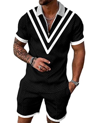 Osheoiso 2 Teiliges T-Shirt und Hosen Sets Herren Polo Shirt Shorts Jogginganzug Druck Freizeitanzug Mode Outfit Kurze Sweathose für Männer Sommer Freizeitanzug B Schwarz S von Osheoiso