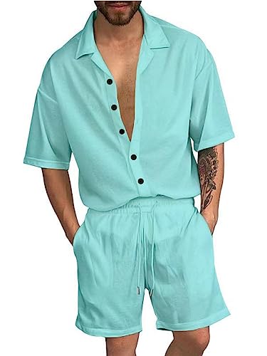 Osheoiso 2 Teiliges T-Shirt und Hosen Sets Herren Shirt Mit Knöpfen Shorts Jogginganzug Freizeitanzug Hose Kurze für Herren Arbeitshemd Sommer Sportanzug B Hellblau M von Osheoiso