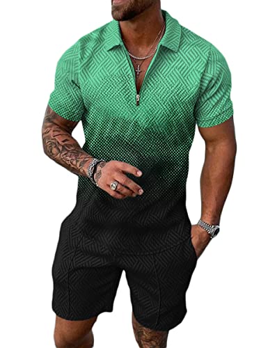 Osheoiso 2 Teiliges T-Shirt und Hosen Sets Herren Shirt Shorts Jogginganzug Casual Freizeitanzug Outfit Mode Sweathose Kurze für Herren Polo Hemd mit Revers Arbeitshemd A Grün L von Osheoiso