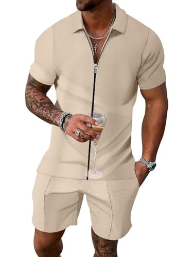 Osheoiso 2 Teiliges T-Shirt und Hosen Sets Herren Shirt Shorts Jogginganzug Casual Freizeitanzug Outfit Mode Sweathose Kurze für Herren Polo Hemd mit Revers D Khaki M von Osheoiso