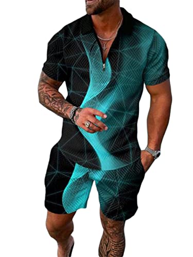 Osheoiso 2 Teiliges T-Shirt und Hosen Sets Herren Shirt Shorts Jogginganzug Casual Freizeitanzug Outfit Sweathose Kurze für Herren Polo Arbeitshemd Sommersportanzug Pattern M 3XL von Osheoiso