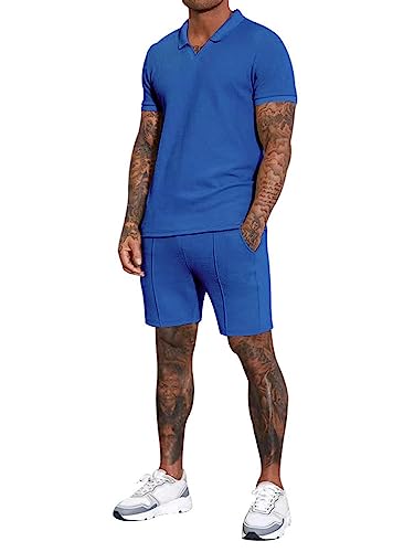 Osheoiso 2 Teiliges T-Shirt und Hosen Sets Herren Shirt Shorts Jogginganzug Einfarbig Freizeitanzug Outfit Sweathose Kurze für Männer Sommersportanzug Sets D Dblu L von Osheoiso