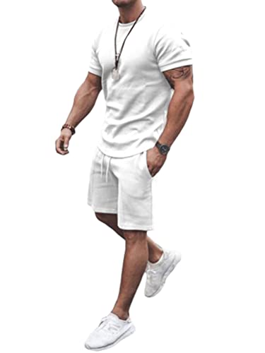 Osheoiso 2 Teiliges T-Shirt und Hosen Sets Herren Shirt Shorts Jogginganzug Einfarbig Freizeitanzug Outfit Sweathose Kurze für Männer Sommersportanzug Sets Freizeitanzug A Weiß 3XL von Osheoiso