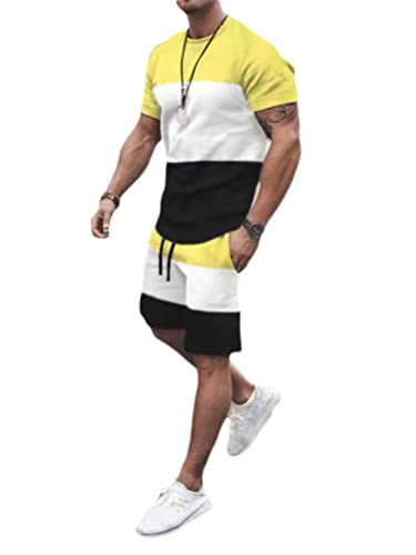 Osheoiso 2 Teiliges T-Shirt und Hosen Sets Herren Shirt Shorts Jogginganzug Einfarbig Freizeitanzug Outfit Sweathose Kurze für Männer Sommersportanzug Sets Freizeitanzug B Gelb L von Osheoiso