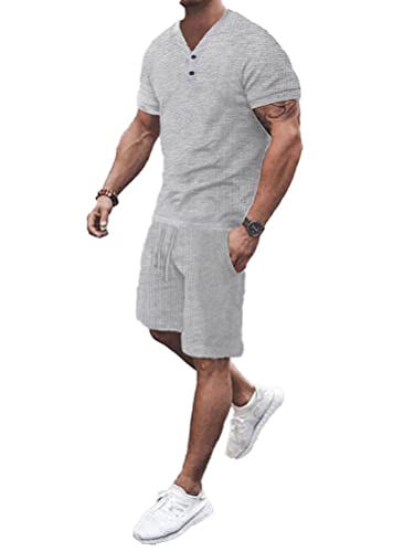 Osheoiso 2 Teiliges T-Shirt und Hosen Sets Herren Shirt Shorts Jogginganzug Einfarbig Freizeitanzug Outfit Sweathose Kurze für Männer Sommersportanzug Sets Freizeitanzug C Grau XXL von Osheoiso