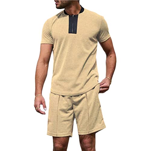 Osheoiso 2 Teiliges T-Shirt und Hosen Sets Herren Shirt Shorts Jogginganzug Freizeitanzug Sweathose Kurze für Herren Polo Arbeitshemd Sommer Sportanzug B Beige L von Osheoiso