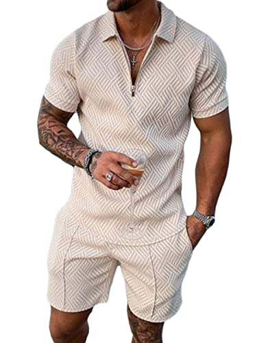 Osheoiso 2 Teiliges T-Shirt und Hosen Sets Herren Shorts Jogginganzug Casual Freizeitanzug Outfit Sweathose Kurze für Herren Polo Hemd mit Revers Arbeitshemd A Khaki M von Osheoiso