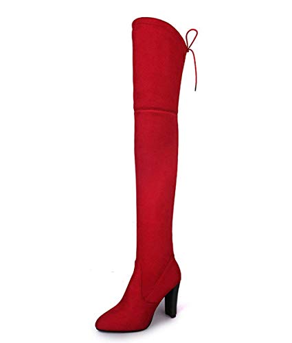 Osheoiso Blockabsatz Stiefel Damen Spitze Zehen Stretch Overknee Stiefel A Rot 39 EU von Osheoiso