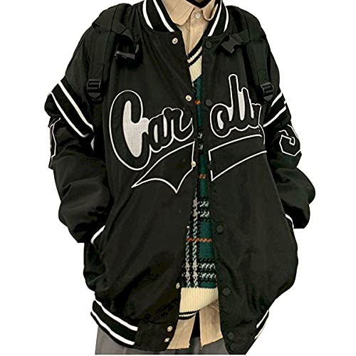 Osheoiso Bomberjacke Damen Sweatjacke Ladies College Sweat Jacket Druckknopf Für Frauen Oversized Patchwork Jacke Vintage Brief Druck Jacken Baseball Mantel A Schwarz M von Osheoiso