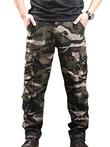 Osheoiso Cargohose Herren Camouflage Arbeitshosen Baggy Hosen Wanderhose mit Mehrere Taschen Trekkinghose Freizeithose Sporthose Gerade Hose mit Weitem Bein A Armeegrün 3XL von Osheoiso
