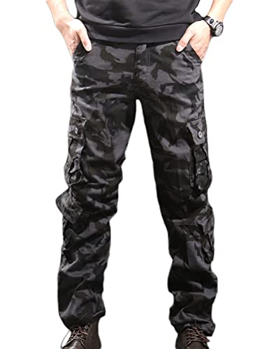 Osheoiso Cargohose Herren Camouflage Arbeitshosen Baggy Hosen Wanderhose mit Mehrere Taschen Trekkinghose Freizeithose Sporthose Gerade Hose mit Weitem Bein A Schwarz XL von Osheoiso
