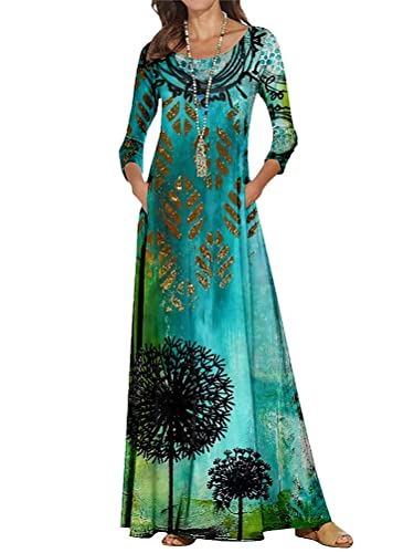 Osheoiso Damen 3/4 Kurzarm Blumen Maxi Kleid Boho Kleid Lose Kleider Vintage Lange Sommerkleid Elegant Strandkleid Freizeitkleid Casual Drucken Maxikleid Große Größe A Grün M von Osheoiso