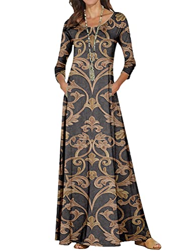 Osheoiso Damen 3/4 Kurzarm Blumen Maxi Kleid Boho Kleid Lose Kleider Vintage Lange Sommerkleid Elegant Strandkleid Freizeitkleid Casual Drucken Maxikleid Große Größe A Khaki M von Osheoiso