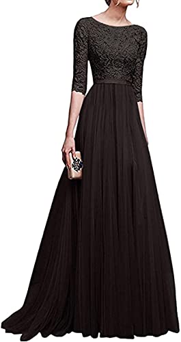 Osheoiso Damen Abendkleid Kleid Spitze Chiffon Ärmelloses Ballkleid Elegant Maxikleid Glitzerkleid Bodenlang Retro Spitzenkleid Mode Formal Abend A Schwarz L von Osheoiso