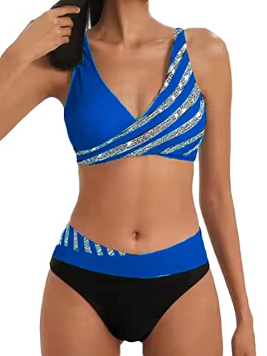 Osheoiso Damen Bademode Push Up Bikini Set Zweiteilige Badeanzug Geteilter Strandkleidung Neckholder Bikini Oberteil Sexy V Ausschnitt Sportlich Bikini A Blau 3XL von Osheoiso