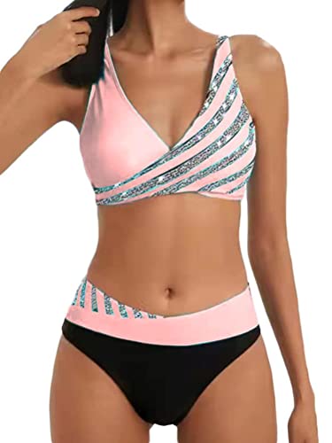 Osheoiso Damen Bademode Push Up Bikini Set Zweiteilige Badeanzug Geteilter Strandkleidung Neckholder Bikini Oberteil Sexy V Ausschnitt Sportlich Bikini A Rosa L von Osheoiso