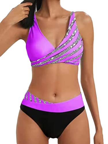 Osheoiso Damen Bademode Push Up Bikini Set Zweiteilige Badeanzug Geteilter Strandkleidung Neckholder Bikini Oberteil Sexy V Ausschnitt Sportlich Bikini A Violett 3XL von Osheoiso