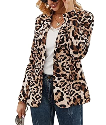 Osheoiso Damen Blazer Bedruckte Cardigan Langarm Casual Blazer Mode Anzüge Blazerjacke Business Floraler Muster Mantel Outwear für Frühling C Leopard L von Osheoiso