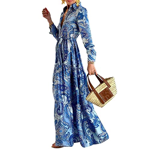 Osheoiso Damen Blumen Maxikleid Chiffon Rüschen Langarm V-Ausschnitt Abendkleid Elegant Strandkleider Retro Kleider Bauschiges Lange Strandkleid Frühling A Blau XXL von Osheoiso