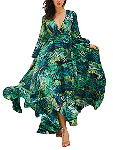 Osheoiso Damen Blumen Maxikleid Chiffon Rüschen Langarm V-Ausschnitt Abendkleid Elegant Strandkleider Retro Kleider Bauschiges Lange Strandkleid Frühling C Grün XXL von Osheoiso