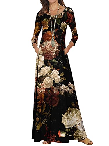 Osheoiso Damen Blumen Swing Maxikleid Leinen Sommerkleid Abendkleid Elegant Strandkleider Retro Kleider Bauschiges Lange Strandkleid Frühling Mode Lose Kleider Frühling Pattern B L von Osheoiso