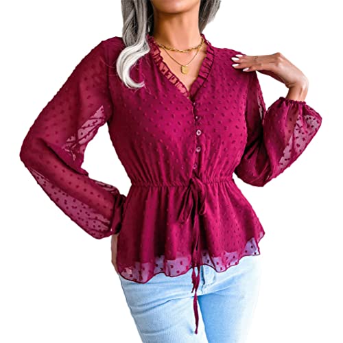 Osheoiso Damen Chiffon Hemdbluse V Ausschnitt Elegant Arbeit Oberteile Langshirt Tunika Hemd Dame T-Shirt Spitzen Blusen Tailliert Dots Tops Casual Hemdbluse Sommer A Weinrot M von Osheoiso