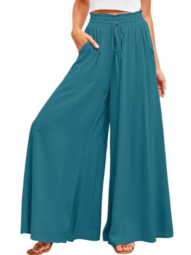 Osheoiso Damen Culottes Hosen Leichte Weitem Bein Vintage Sommerhose Lockere Hosenrock Damen Lang Casual High Waist Weite Palazzo Hose Schlaghose Einfarbig A Pfauenblau XXL von Osheoiso