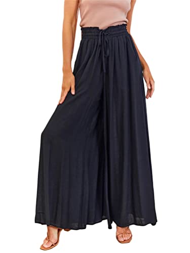 Osheoiso Damen Culottes Loose Weites Bein Pumphose Haremshose Basic Einfarbig Leichte Elegante Leinenhose Strandhose Hohe Taille Elastischer Bund Freizeithose A Schwarz L von Osheoiso
