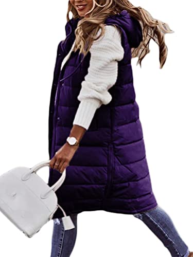 Osheoiso Damen Daunenweste Langer Wintermantel Weste mit Kapuze Winter Mantel Große Größe Damen Wintermantel Warme Strickjacke Winterjacke Overcoat A Violett 5XL von Osheoiso