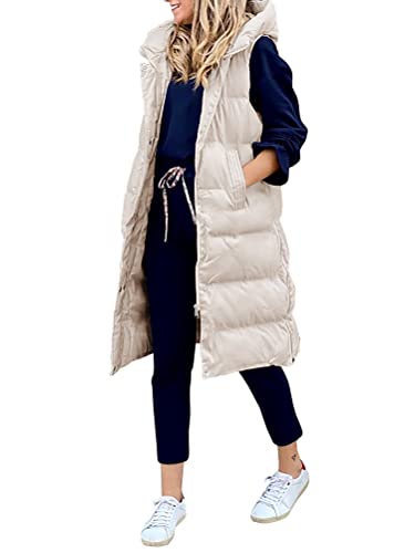 Osheoiso Damen Daunenweste Langer Wintermantel Weste mit Kapuze Winter mantel Damen Wintermantel Warme Strickjacke Winterjacke Overcoat B Beige M von Osheoiso