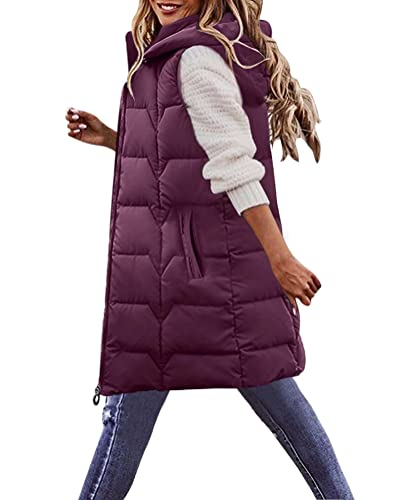 Osheoiso Damen Daunenweste Langer Wintermantel Weste mit Kapuze Winter mantel Damen Wintermantel Warme Strickjacke Winterjacke Overcoat D Dunkelviolett XXL von Osheoiso