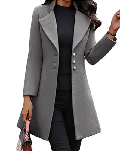 Osheoiso Damen Elegante Wollmantel Jacke Schicke Einfarbiger Mode Übergangsjacke Warm Langarm Oberbekleidung Mantel Overcoat Chic Freizeitjacke A Grau L von Osheoiso