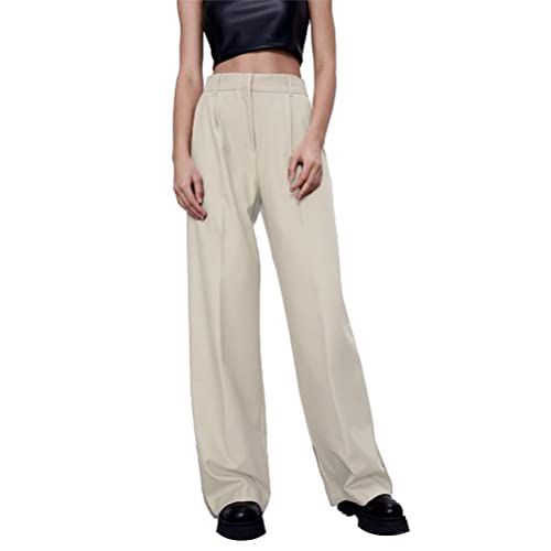 Osheoiso Damen Freizeithosen Anzughosen Business Culottes Weites Bein Lang Hosen Basic Winter Einfarbig Leichte Hose Hohe Taille Loose Hose mit Tasche Große Größe B Beige M von Osheoiso