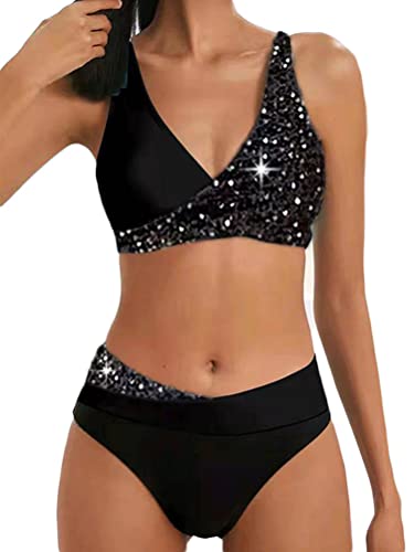 Osheoiso Damen Geteilter Badeanzug Push Up Bikini Set Neckholder Bikini Oberteil Bikini Bottom Damen Bademode Zweiteiliger Badeanzug Oversized C Schwarz XXL von Osheoiso