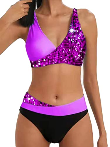 Osheoiso Damen Geteilter Badeanzug Push Up Bikini Set Neckholder Bikini Oberteil Bikini Bottom Damen Bademode Zweiteiliger Badeanzug Oversized C Violett M von Osheoiso