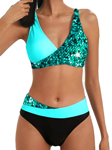 Osheoiso Damen Geteilter Badeanzug Push Up Bikini Set Neckholder Bikini Oberteil Bikini Mode Damen Bademode Sport Zweiteiliger Badeanzug Oversized C Grün XXL von Osheoiso