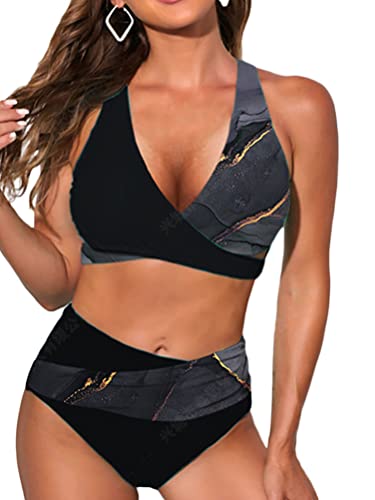 Osheoiso Damen Geteilter Badeanzug Push Up Bikini Set Neckholder Bikini Oberteil Bikini Mode Damen Bademode Sport Zweiteiliger Badeanzug Oversized E Schwarz XL von Osheoiso