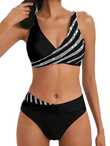 Osheoiso Damen Geteilter Badeanzug Push Up Bikini Set Neckholder Bikini Oberteil Mode Bikini Bottom Damen Bademode Zweiteiliger Badeanzug Oversized A Schwarz S von Osheoiso