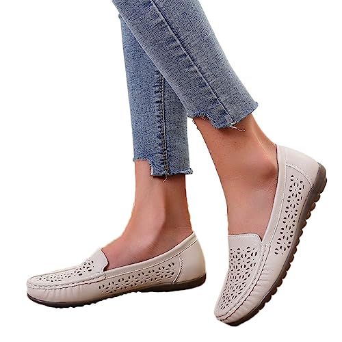 Osheoiso Damen Halbschuhe Casual Mokassins mit Runden Zehen Bequeme Lederhalbschuhe Walking Nurse Atmungsaktive Fahrmode Mädchen Weiche Schuhe Slippers B Beige 41 EU von Osheoiso