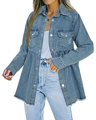 Osheoiso Damen Jeansjacke Oversized Mantel Langer Oberbekleidung Chic Mädchen Jeans Mantel Herbst Loose Übergangsjacke Jeans Jacke Cardigan Overshirt Jacke Denim A Blau S von Osheoiso