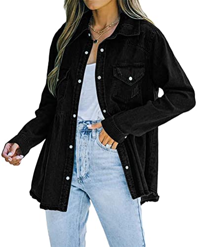 Osheoiso Damen Jeansjacke Oversized Mantel Langer Oberbekleidung Chic Mädchen Jeans Mantel Herbst Loose Übergangsjacke Jeans Jacke Cardigan Overshirt Jacke Denim A Schwarz S von Osheoiso