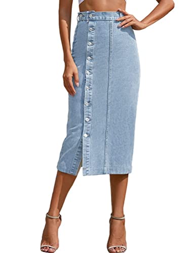 Osheoiso Damen Jeansrock Hohe Taille Maxirock mit Schlitz Casual Jeansrock Langer Hüften Umwickelt Röcke Bodycon Party Saum Seitlicher Rock Geteilter Midirock A Hellblau M von Osheoiso