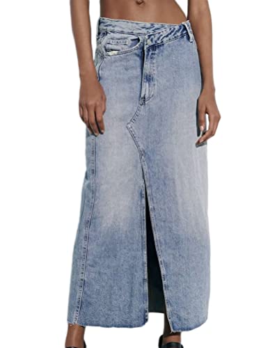 Osheoiso Damen Jeansrock Hohe Taille Maxirock mit Schlitz Casual Jeansrock Langer Hüften Umwickelt Röcke Bodycon Party Saum Seitlicher Rock Geteilter Midirock B3 Blau L von Osheoiso