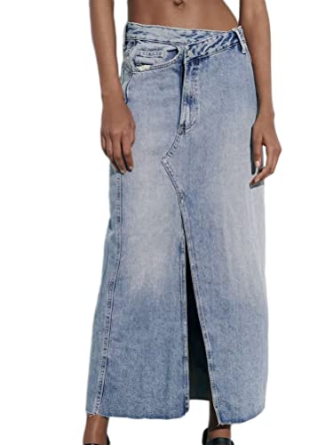 Osheoiso Damen Jeansrock Hohe Taille Maxirock mit Schlitz Casual Jeansrock Langer Hüften Umwickelt Röcke Bodycon Party Saum Seitlicher Rock Geteilter Midirock B3 Blau S von Osheoiso