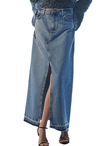 Osheoiso Damen Jeansrock Hohe Taille Maxirock mit Schlitz Casual Jeansrock Langer Hüften Umwickelt Röcke Bodycon Party Saum Seitlicher Rock Geteilter Midirock B4 Dunkelblau S von Osheoiso