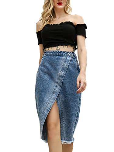 Osheoiso Damen Jeansrock Hohe Taille Maxirock mit Schlitz Casual Jeansrock Langer Hüften Umwickelt Röcke Bodycon Party Saum Seitlicher Rock Geteilter Midirock B7 Dunkelblau M von Osheoiso